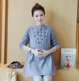Maternity Dress Stand-up Collar Striped Embroidery Maternity Top (Option: Sky Blue-XL)
