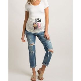 Women T-Shirts Slim Maternity Funny Letter Tops O-Neck Pregnancy Women (Option: Pink child-M)