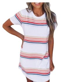 Women'S European And American Summer Color Striped Round Neck Dress Aliexpress Amazon Tt00567 (Option: L-Pink)
