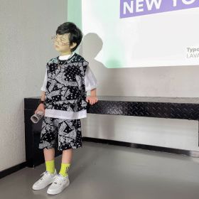 Boys Handsome Short-sleeved Shorts Suit Three-piece Trend (Option: Black-130CM)