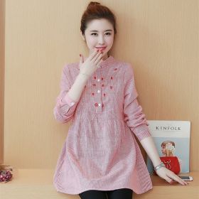 Maternity Dress Stand-up Collar Striped Embroidery Maternity Top (Option: Red-XL)